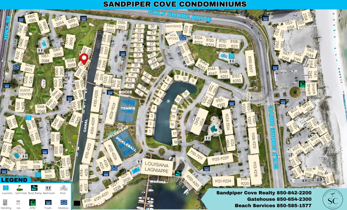 A vibrant aerial view of Sandpiper Cove shows the layout of the condos, a bustling event center, tennis courts, a sparkling swimming pool, and a marina nestled by the water, all set against the backdrop of blue sky and lush landscaping. People can be seen enjoying the amenities, emphasizing the community's active, resort-style atmosphere.