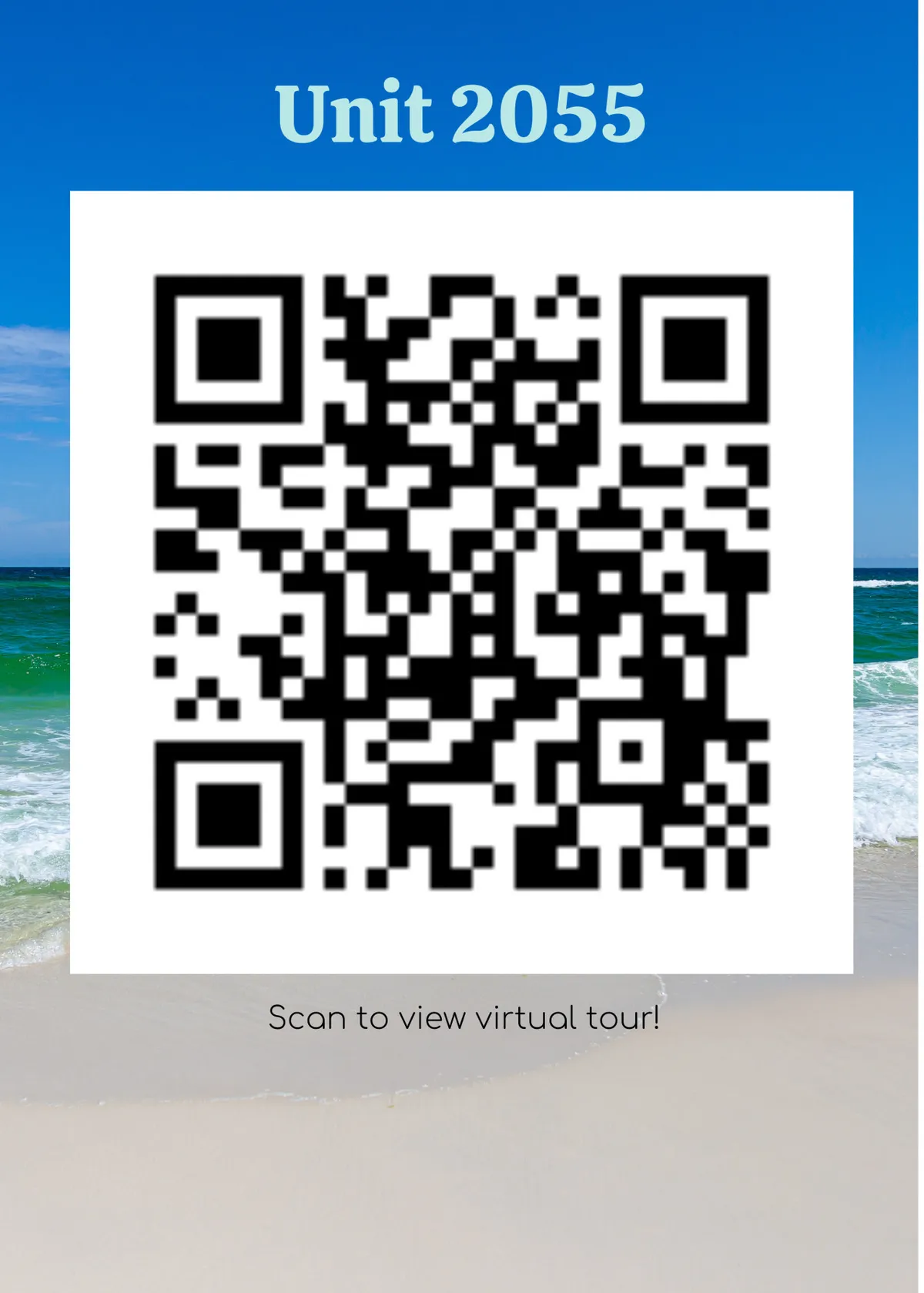 A wide, inviting stretch of sandy beach meets the ocean, with the sky painted in sunset tones. A visible QR code hints at a virtual tour, but the focus is on the tranquil waves and relaxed beachgoers enjoying the scene. The setup alludes to easy access and a carefree, vacation atmosphere perfect for families.