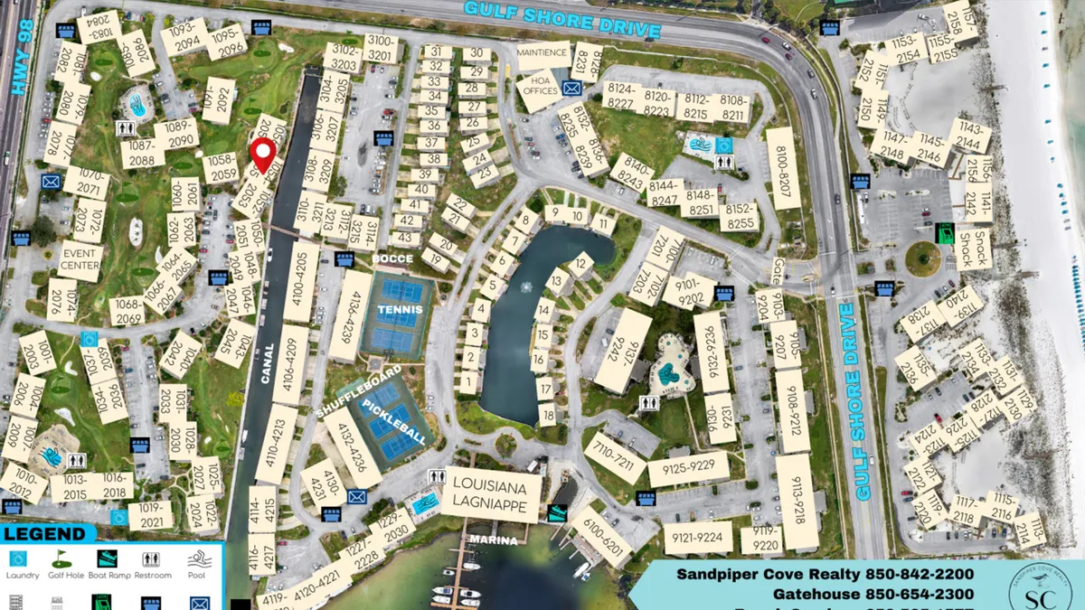 An expansive exterior aerial view of the resort community, showing the canal running through the center, multiple swimming pools, sports courts for tennis, pickleball, shuffleboard, and bocce ball, as well as the proximity to the sandy beach along Gulf Shore Drive. The layout demonstrates the breadth of resort amenities accessible to guests.